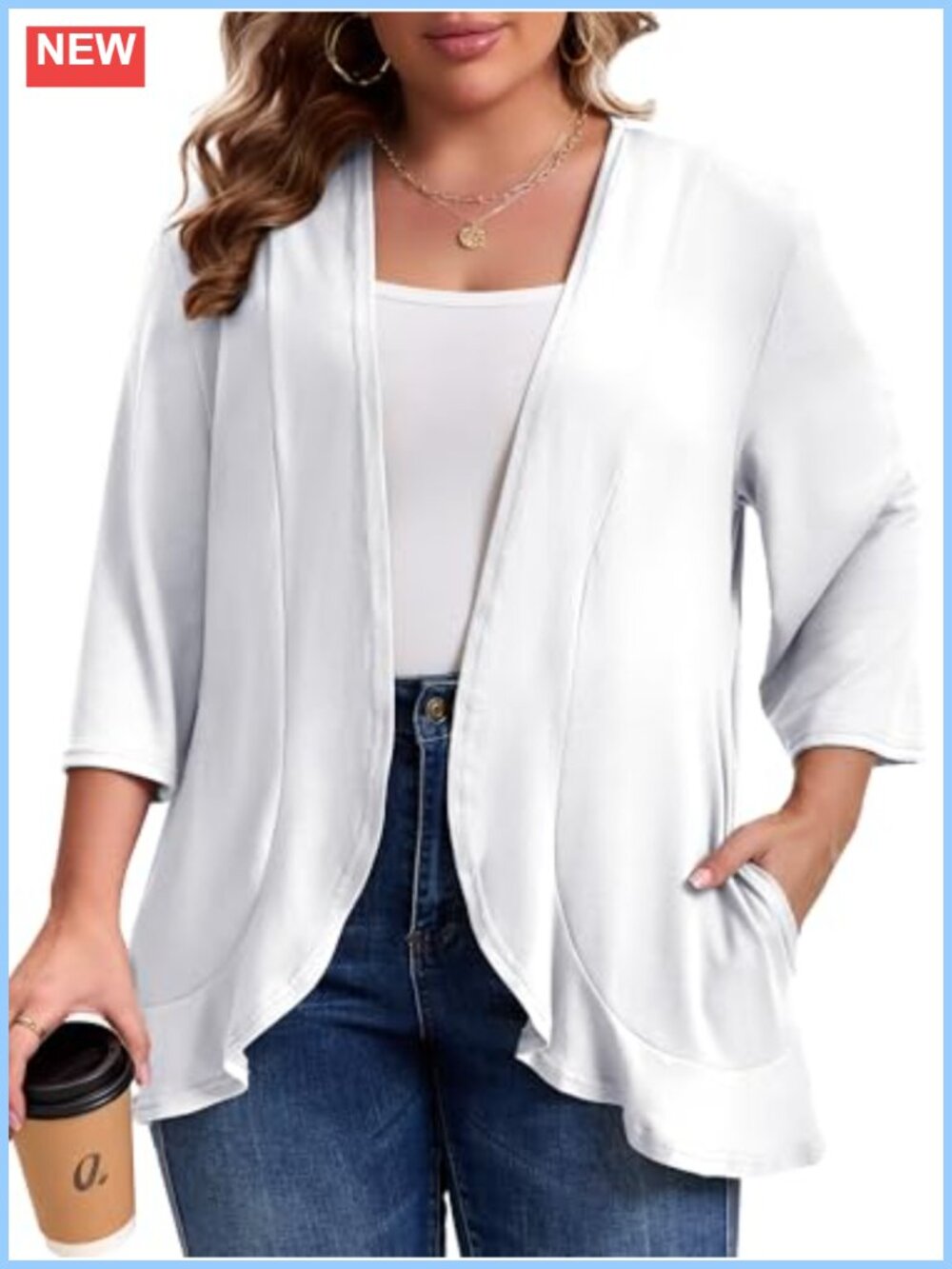 Women's Plus Size Lightweight Open Front Cardigan 3/4 Sleeve Pockets